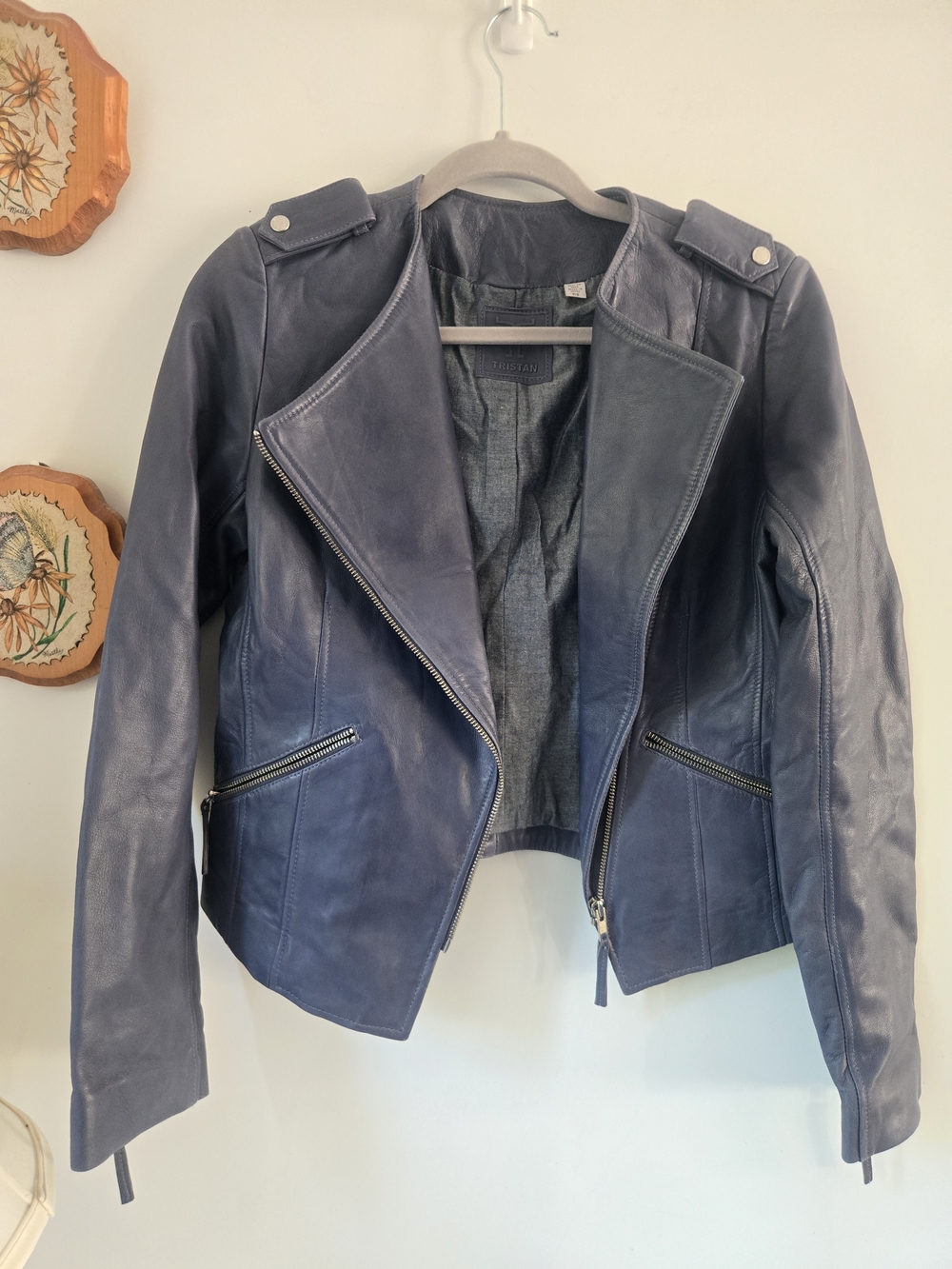 Tristan Navy Blue Grey Leather Jacket - Women